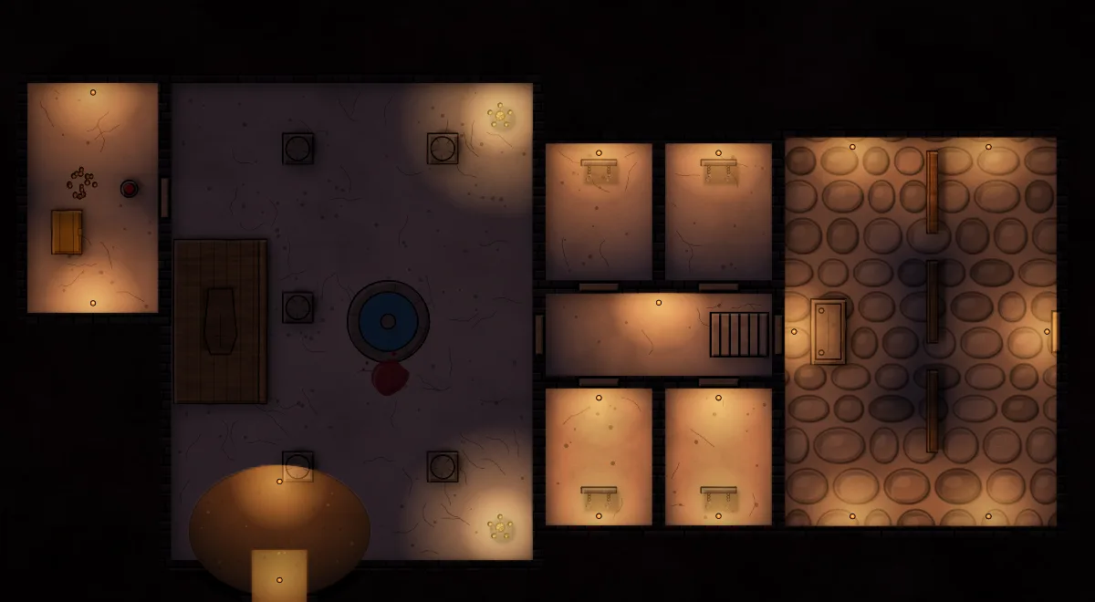 A vampire crypt rolled in Draw mode and lit by torchlight: a coffin chamber with a blood fountain, a crypt passage between thrall cells, a cobbled chapel and a bat roost
